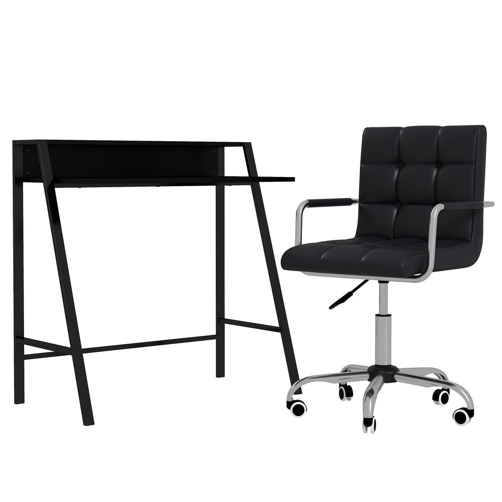 DodiOnline Home Office Chair and Computer Desk Set, Faux Leather Desk Chair with Swivel Wheels, Study Desk with Storage Shelf, Black