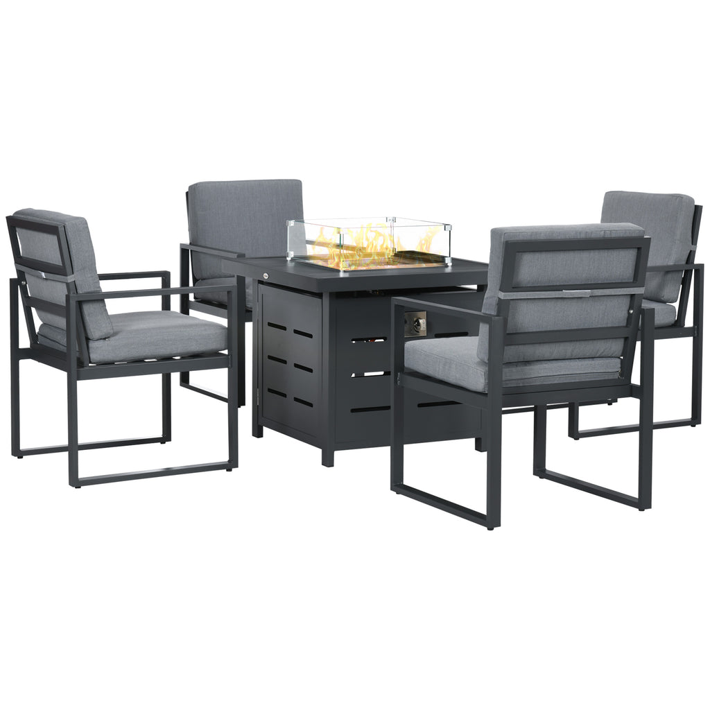 DodiOnline 5-Piece Aluminium Outdoor Furniture Sets, 4 Seater Outdoor Conversational Dining Set with Gas Fire Pit Table Cushions for Yard, Poolside, Patio, Grey