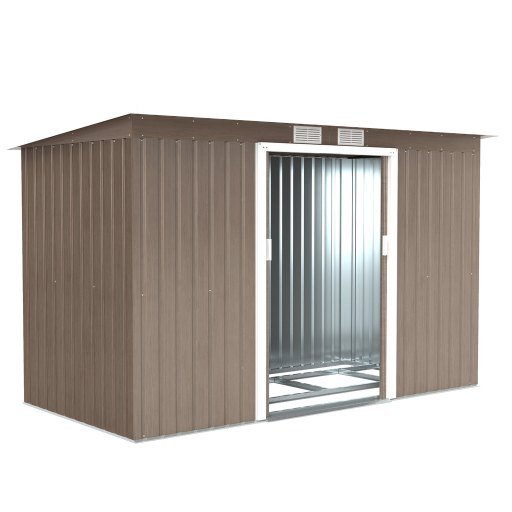 DodiOnline 9ft x 4ft Metal Garden Shed, Outdoor Tool House with Foundation Kit, Ventilations and Double Doors, Light Grey Wood Grain