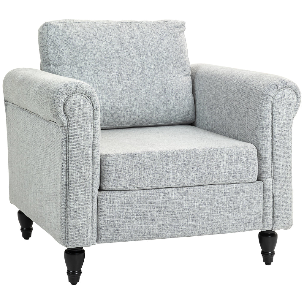 DodiOnline Vintage Accent Chair, Upholstered Occasional Chair with Back Pillow, Rolled Arms, Rubber Wood Legs, Light Grey