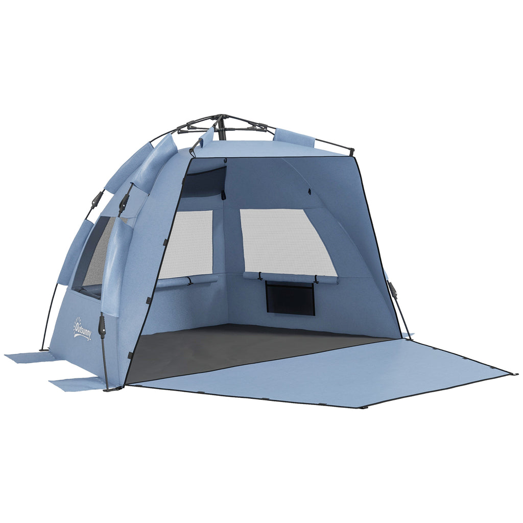 DodiOnline 2-3 Person Pop Up Beach Tent, UPF15+ Sun Shelter with Extended Floor, Sandbags, Mesh Windows and Carry Bag, Light Blue