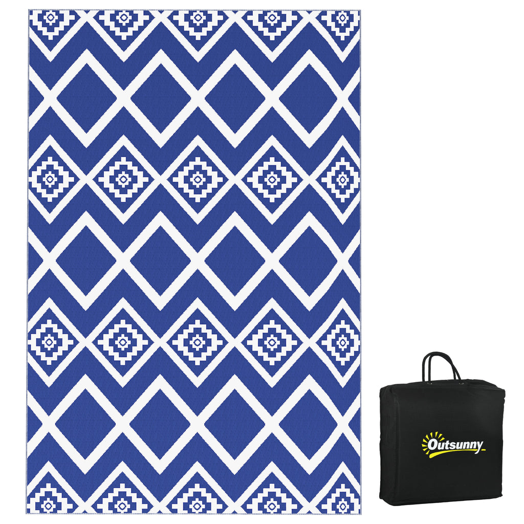DodiOnline Plastic Straw Reversible RV Outdoor Rug with Carry Bag, 182 x 274cm, Blue and White