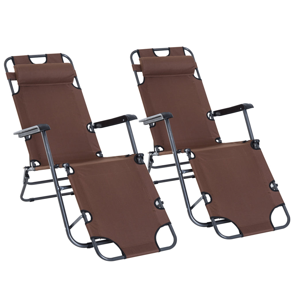 DodiOnline 2 Pieces 2 in 1 Sun Lounger Folding Reclining Chair Garden Outdoor Camping Adjustable Back with Pillow, Brown
