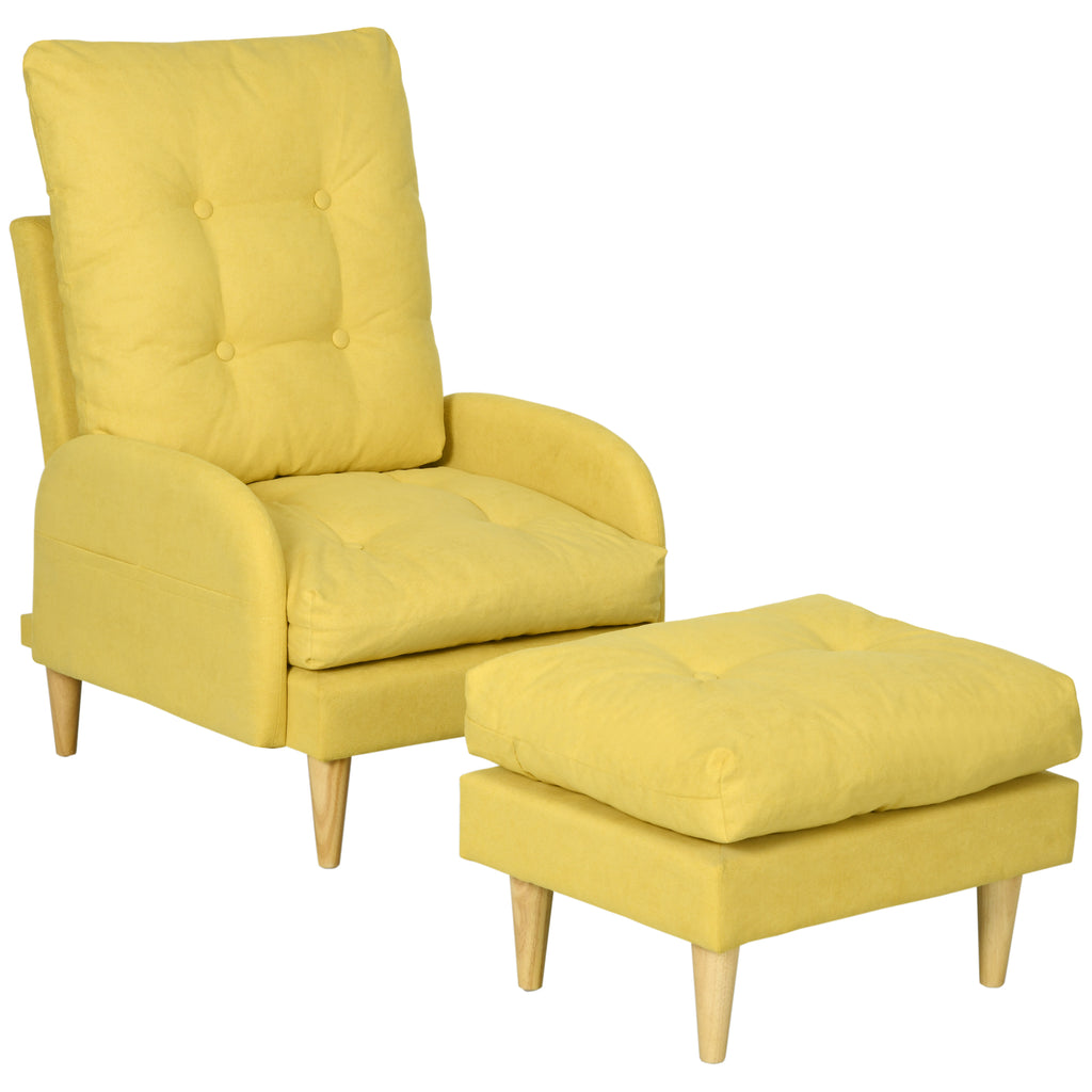 DodiOnline Upholstered Recliner Armchair with Footstool Set, Modern Button Tufted Accent Chair with Adjustable Backrest, Cushions, Wood Legs and Side Pockets for Living Room, Bedroom, Home Study, Yellow