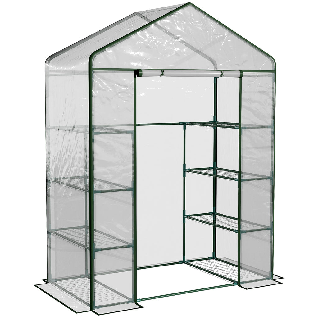 DodiOnline Walk in Greenhouse with 4-Tier 8 Shelves, Green House with Hemmed Cover, Roll-up Zipped Door, Steel Frame, 143 x 73 x 195cm