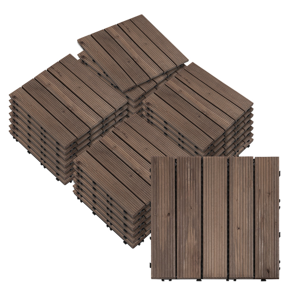DodiOnline 27 Pcs Solid Wood Interlocking Decking Tiles For Patio, Balcony, Roof Terrace, Hot Tub, Black, (30 x 30 cm Per Piece)