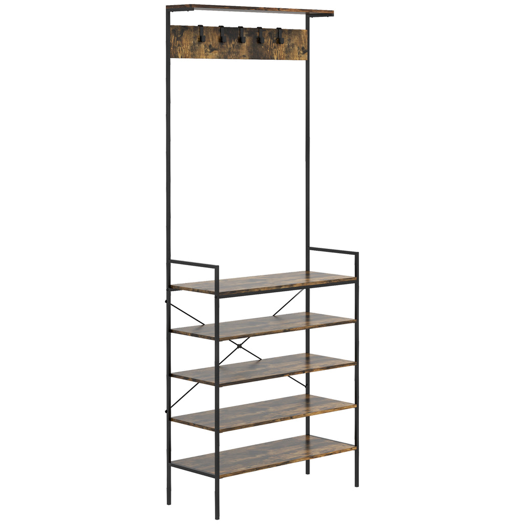 DodiOnline Coat Stand, Industrial Coat Rack with Shoe Storage, Free Standing Hall Tree with 5 Hooks, 5 Shelves and Steel Frame for Hallway, Entryway, Rustic Brown