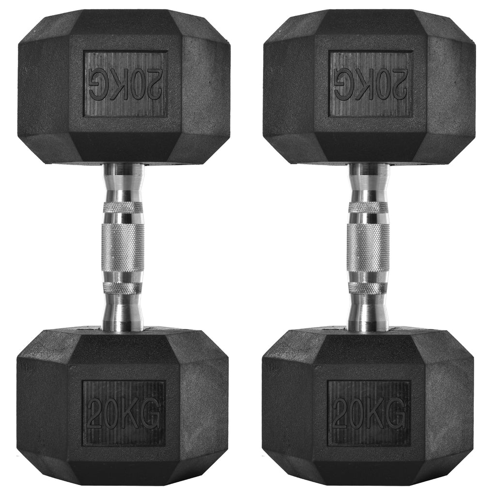 DodiOnline 2x20kg Rubber Hex Dumbbell Portable Hand Weights Dumbbell Home Gym Workout Fitness Hand Dumbbell