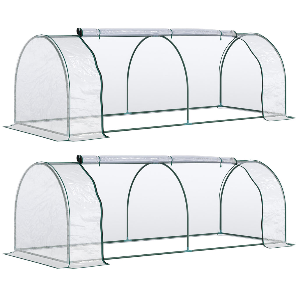 DodiOnline Set of 2 Tunnel Greenhouse, Green Grow House with Roll-up Door, Steel Frame, Plastic Cover for Garden, Outdoor, 250 x 100 x 80cm, Clear