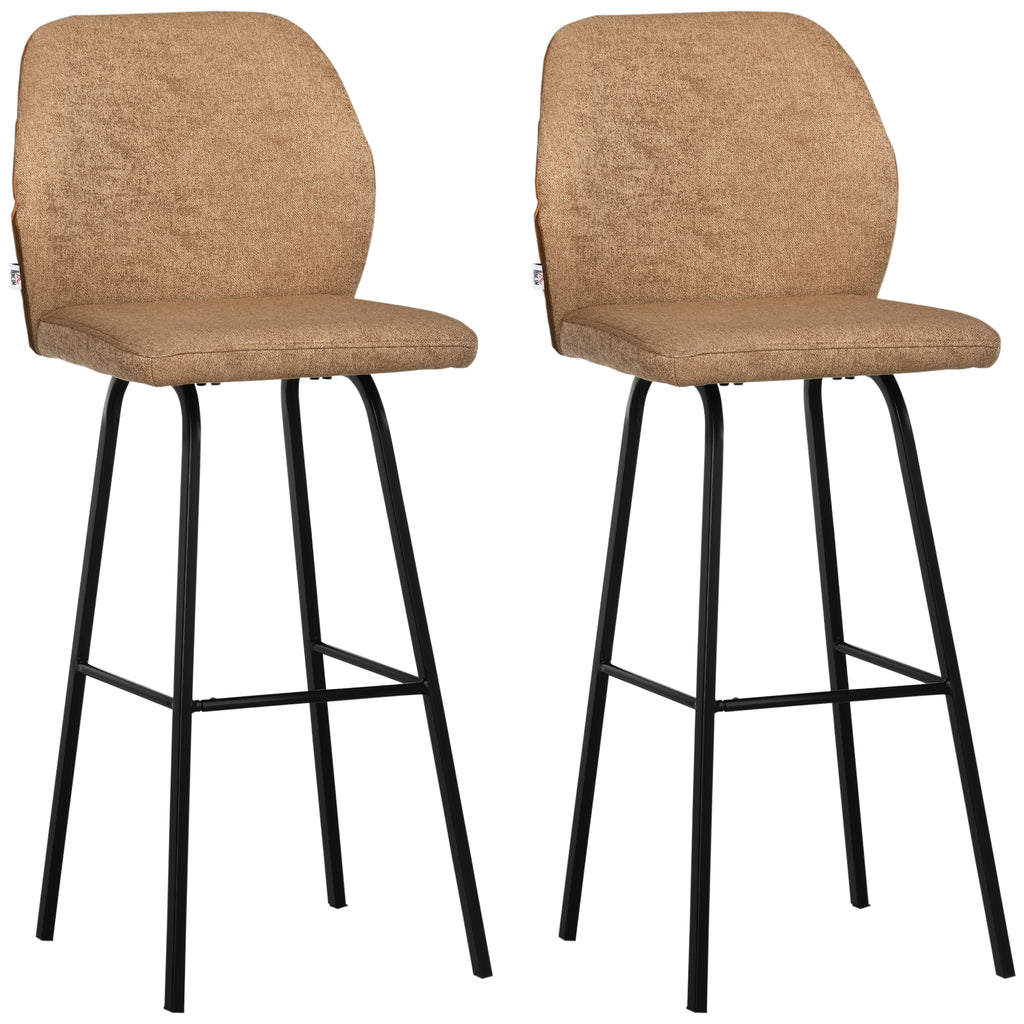 DodiOnline Bar Stools Set of 2, Linen-Touch Upholstered Bar Chairs, Kitchen Stools with Backs and Steel Legs for Dining Room, Light Brown