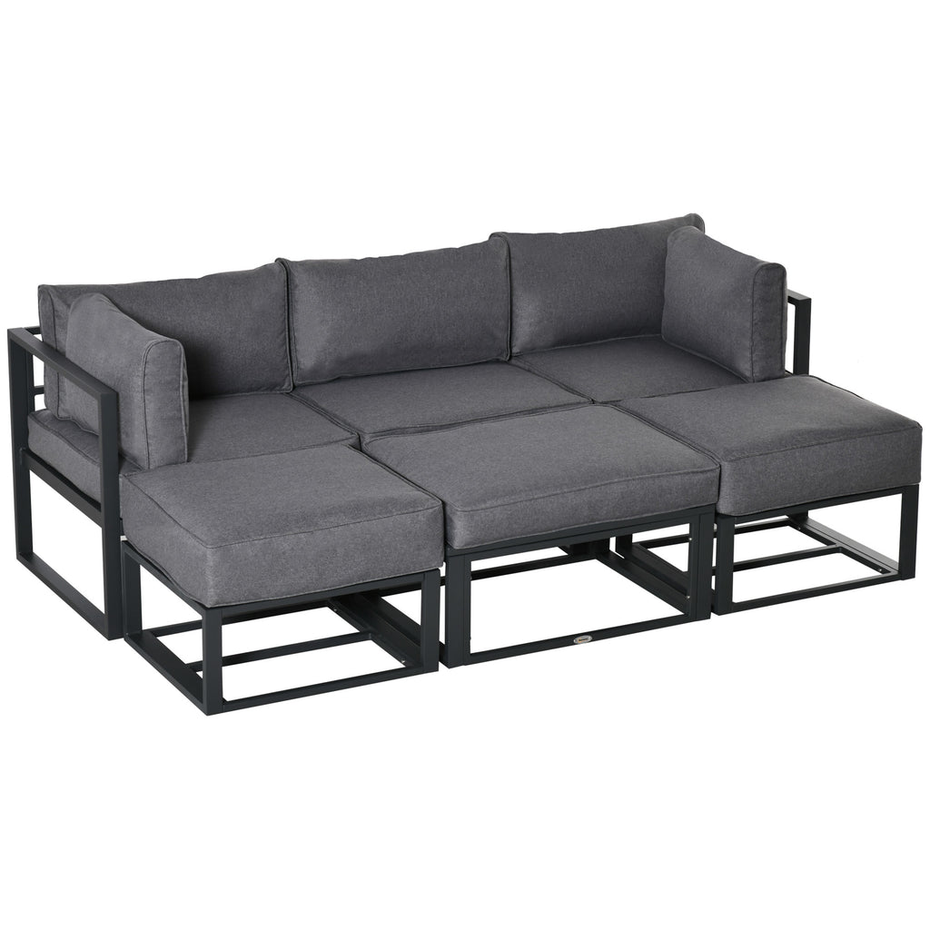 DodiOnline Garden Daybed, 6 Piece Outdoor Sectional Sofa Set, Aluminum Patio Conversation Furniture Set with Coffee Table, Footstool and Cushions, Grey