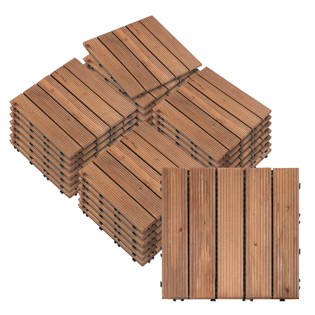 DodiOnline 27 Pcs Solid Wood Interlocking Decking Tiles For Patio, Balcony, Roof Terrace, Hot Tub, Brown, (30 x 30 cm Per Piece)
