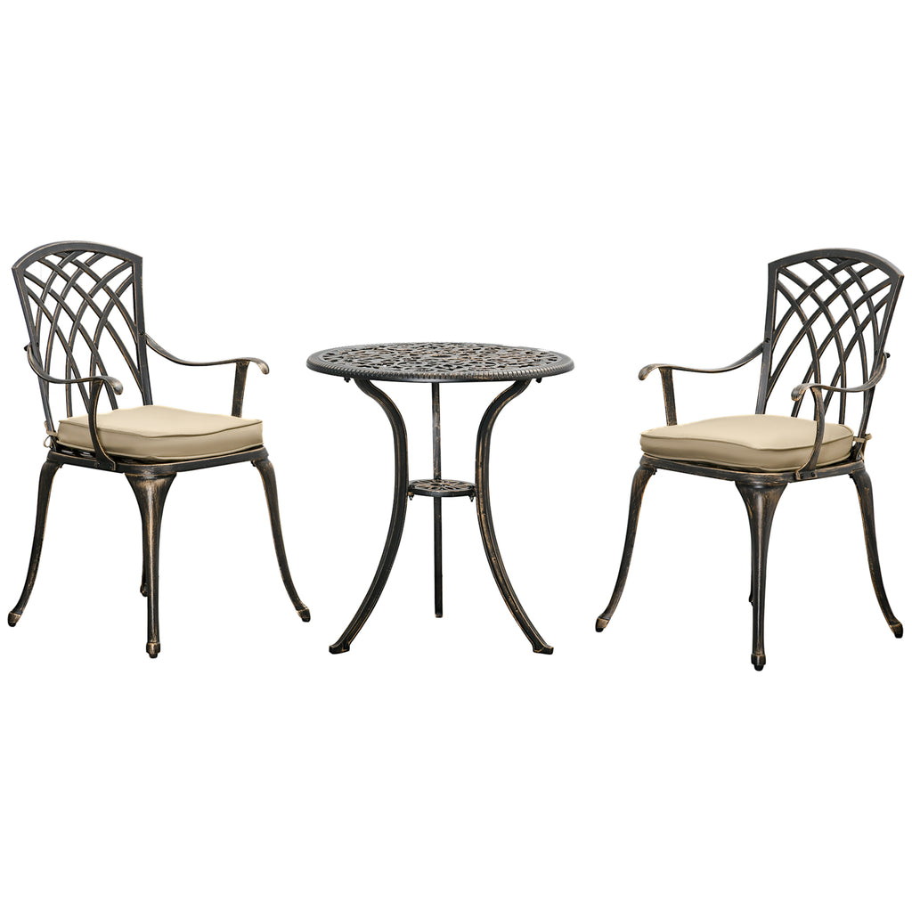 DodiOnline 3 Piece Cast Aluminium Garden Bistro Set for 2 with Parasol Hole, Outdoor Coffee Table Set Rust Resistant with Cushions - Bronze