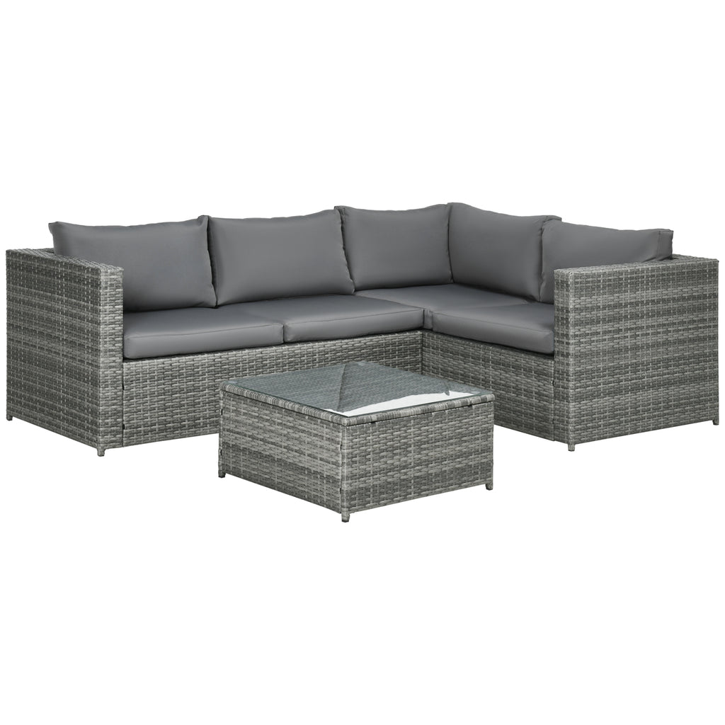 DodiOnline 3 Pieces PE Rattan Garden Furniture Set with 10 cm Thick Cushions, 4 Seater Garden Corner Sofa Set with Glass Top Coffee Table, Outdoor Furniture for Patio, Porch, Grey
