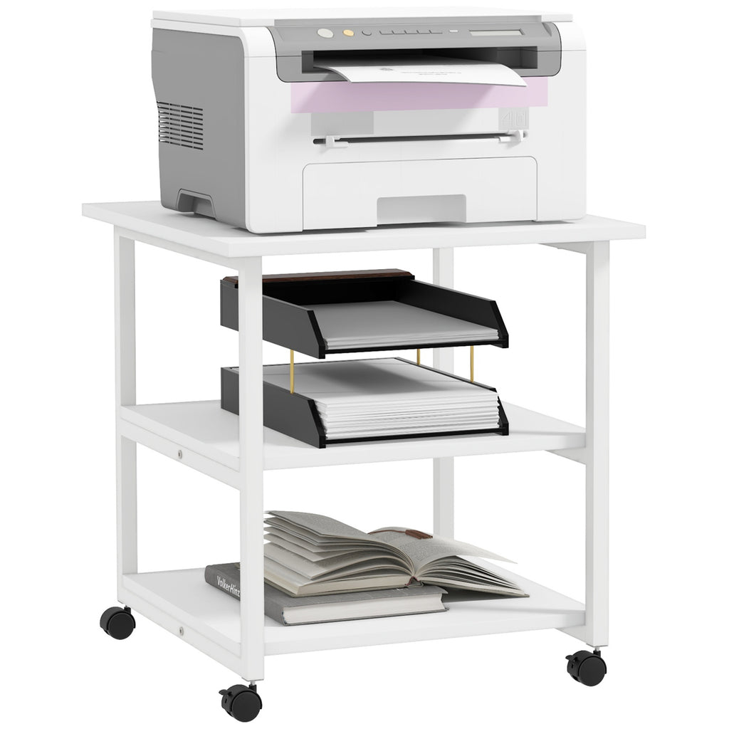DodiOnline Three-Tier Steel Printer Stand, with Wheels - White