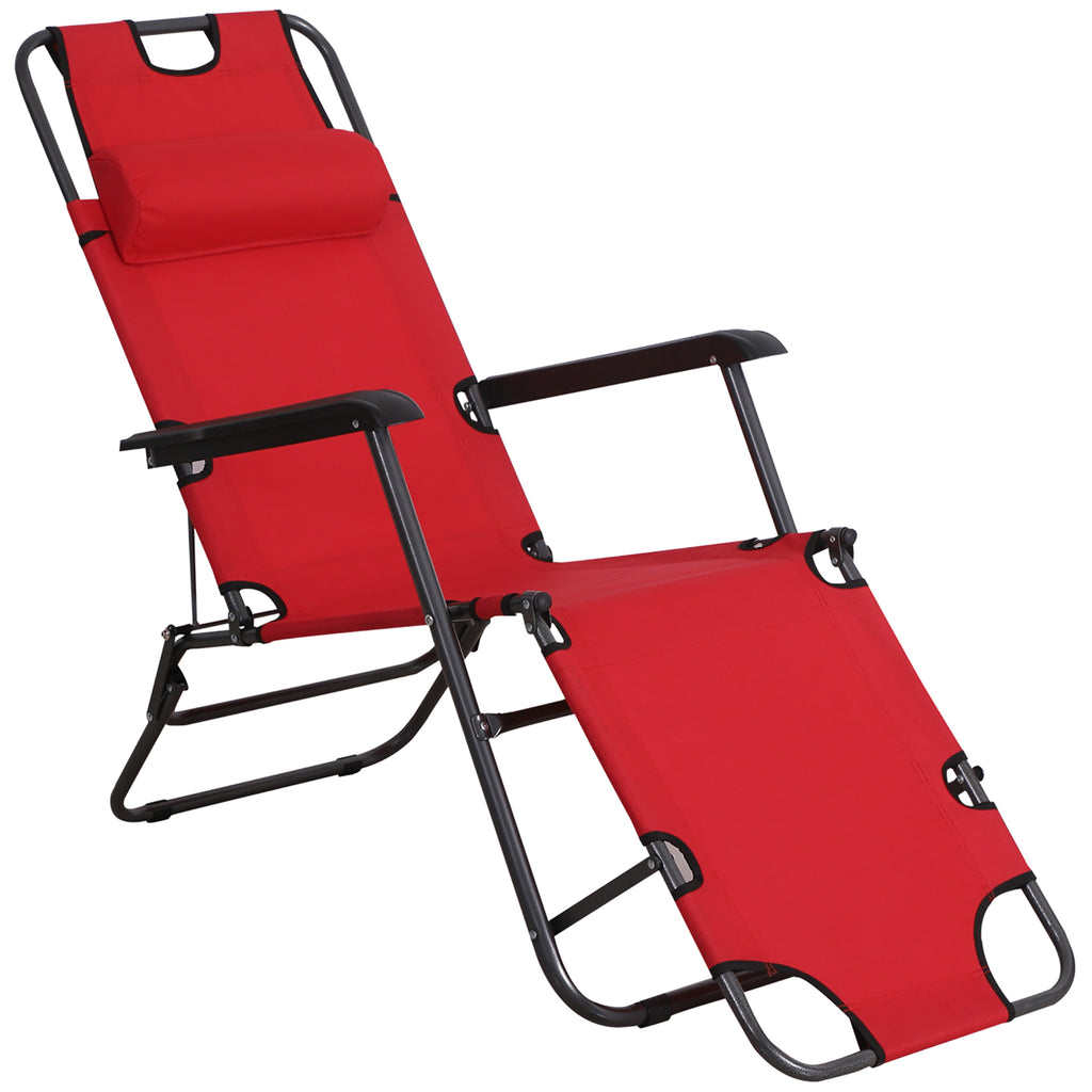 DodiOnline 2 in 1 Sun Lounger Folding Reclining Chair Garden Outdoor Camping Adjustable Back with Pillow, Red