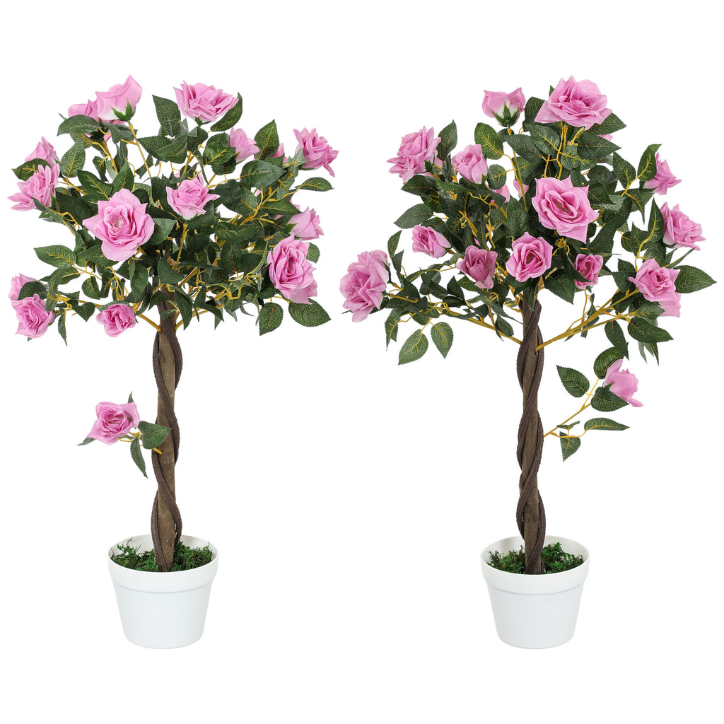 DodiOnline Set of 2 Artificial Plants White Rose Floral in Pot, Fake Plants for Home Indoor Outdoor Decor, 90cm, Purple