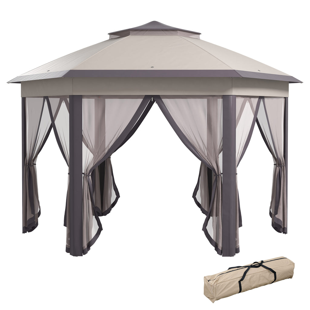 DodiOnline 3 x 4m Garden Gazebo Hexagon Pop Up Party Tent Canopy Double Roof Instant Shelter with Netting and Carry Bag for Outdoor Patio, Beige