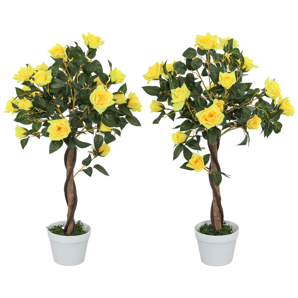 DodiOnline Set of 2 Artificial Plants White Rose Floral in Pot, Fake Plants for Home Indoor Outdoor Decor, 90cm, Yellow