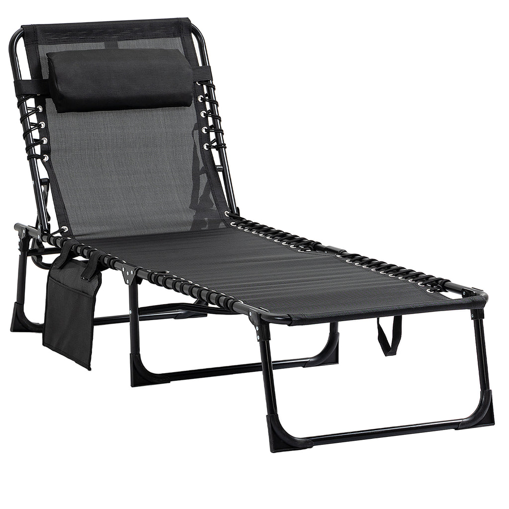 DodiOnline Portable Sun Lounger, Folding Camping Bed Cot, Reclining Lounge Chair 5-position Adjustable Backrest with Side Pocket, Pillow for Patio Garden Beach Pool, Black