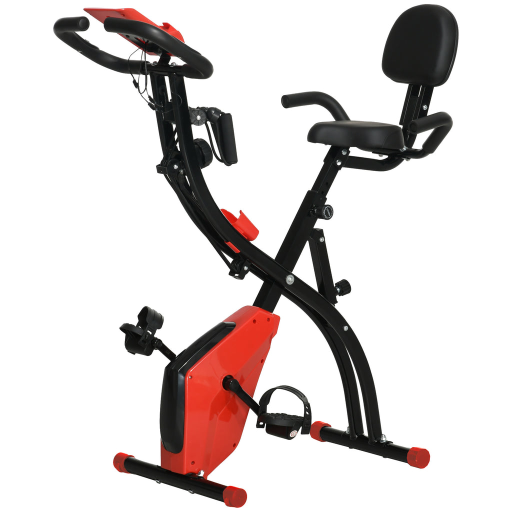 DodiOnline 2-in-1 Folding Exercise Bike with 8-Level Magnetic Resistance, Arm Resistance Band, Pulse Sensor, Red