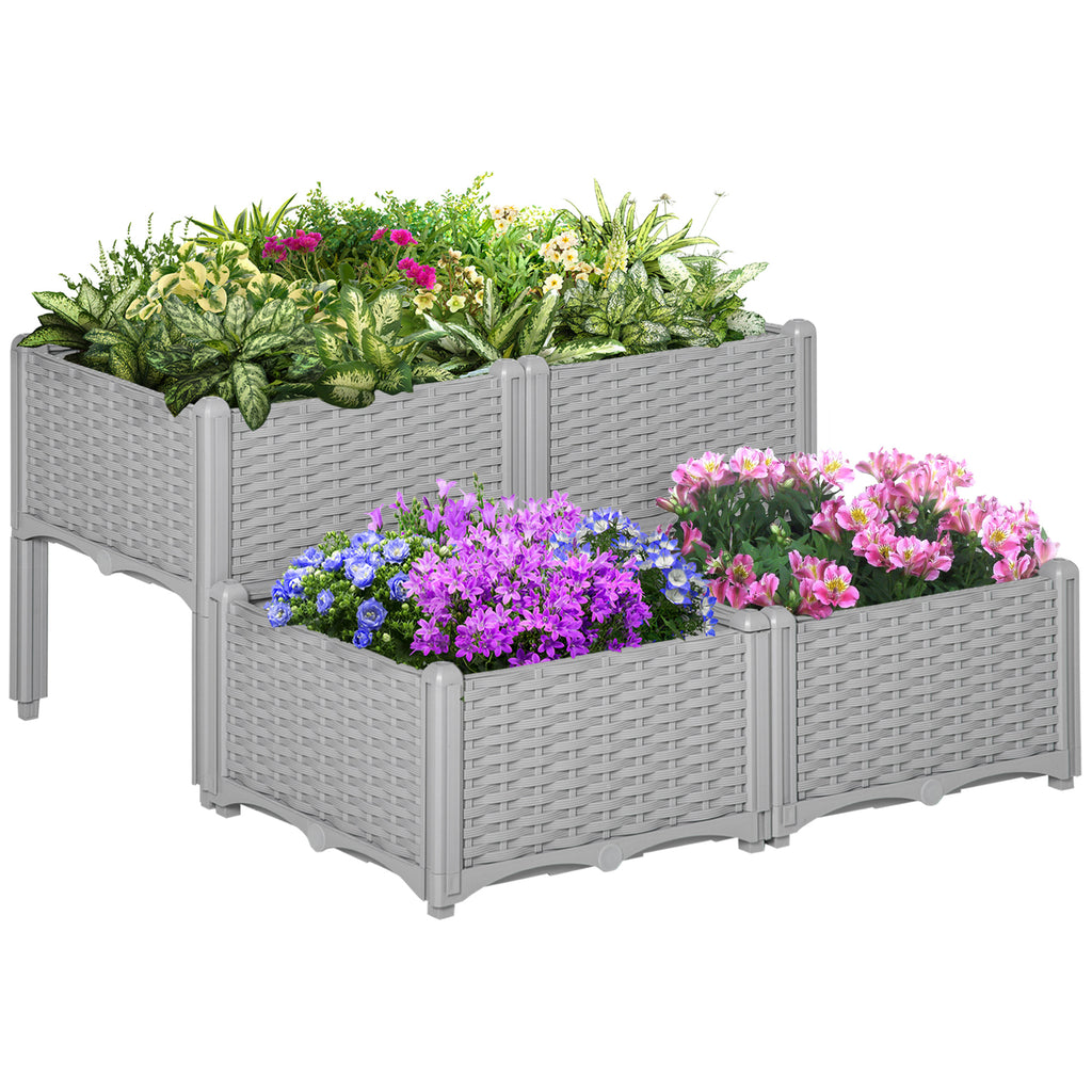 DodiOnline 40cm x 40cm x 44cm 26L Set of 4 Garden Raised Bed Elevated Patio Flower Plant Planter Box PP Vegetables Planting Container, Grey