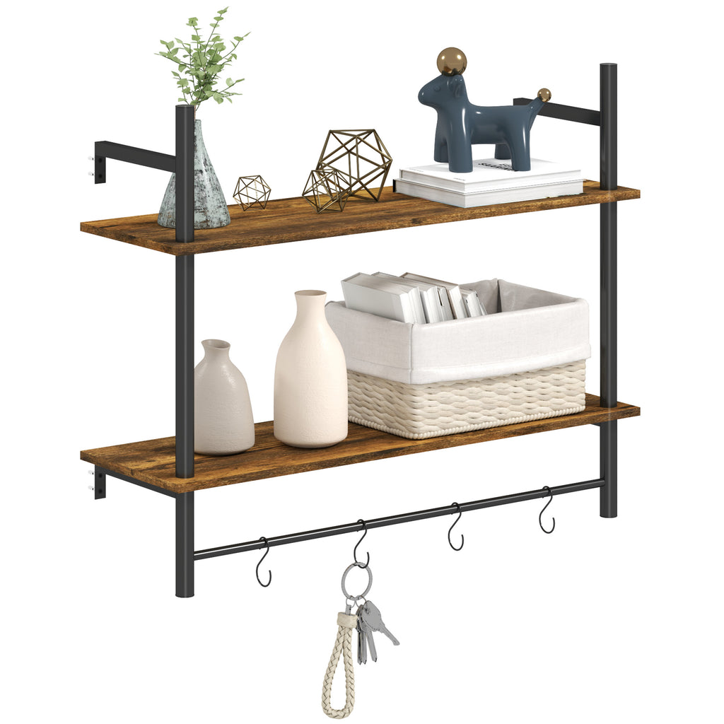 DodiOnline Wall Mounted Floating Shelves with 4 Hooks, Rustic Wall Shelf Unit for Living Room, Entryway, Rustic Brown