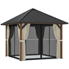 DodiOnline 3 x 3(m) Hardtop Gazebo with Galvanised Steel Roof and Water Gutter, Waterproof Permanent Pavilion Garden Gazebo with Netting and Curtains for Patio, Deck, Walnut Wood Finish