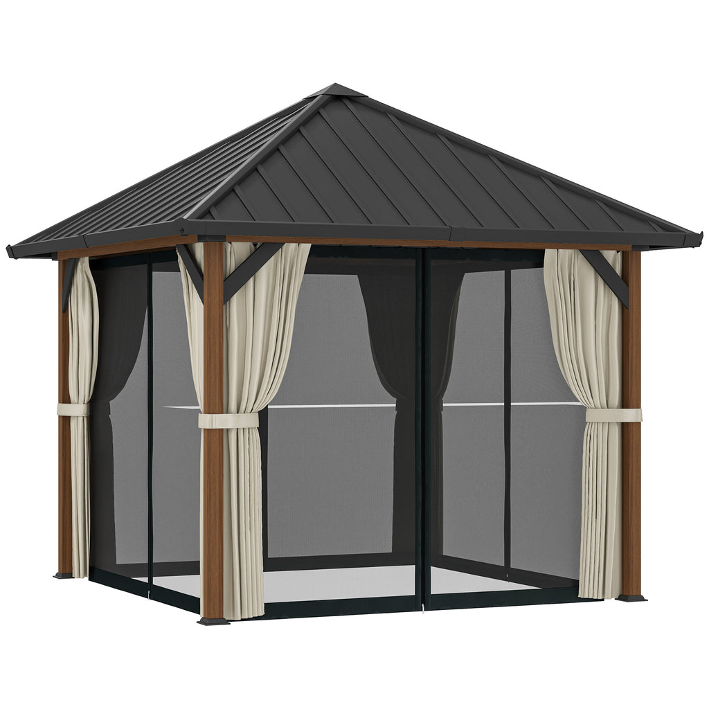 DodiOnline 3 x 3(m) Hardtop Gazebo with Galvanised Steel Roof and Water Gutter, Waterproof Permanent Pavilion Garden Gazebo with Netting and Curtains for Patio, Deck, Walnut Wood Finish
