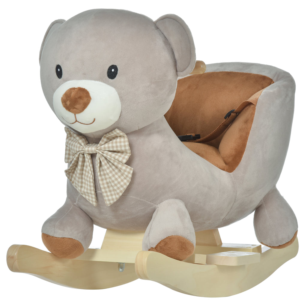DodiOnline Kids Children Rocking Horse Plush Ride On Bear Seat w/ Sound Wood Base Seat Safety Belt Toddler Baby Toy for 18-36 Months Grey