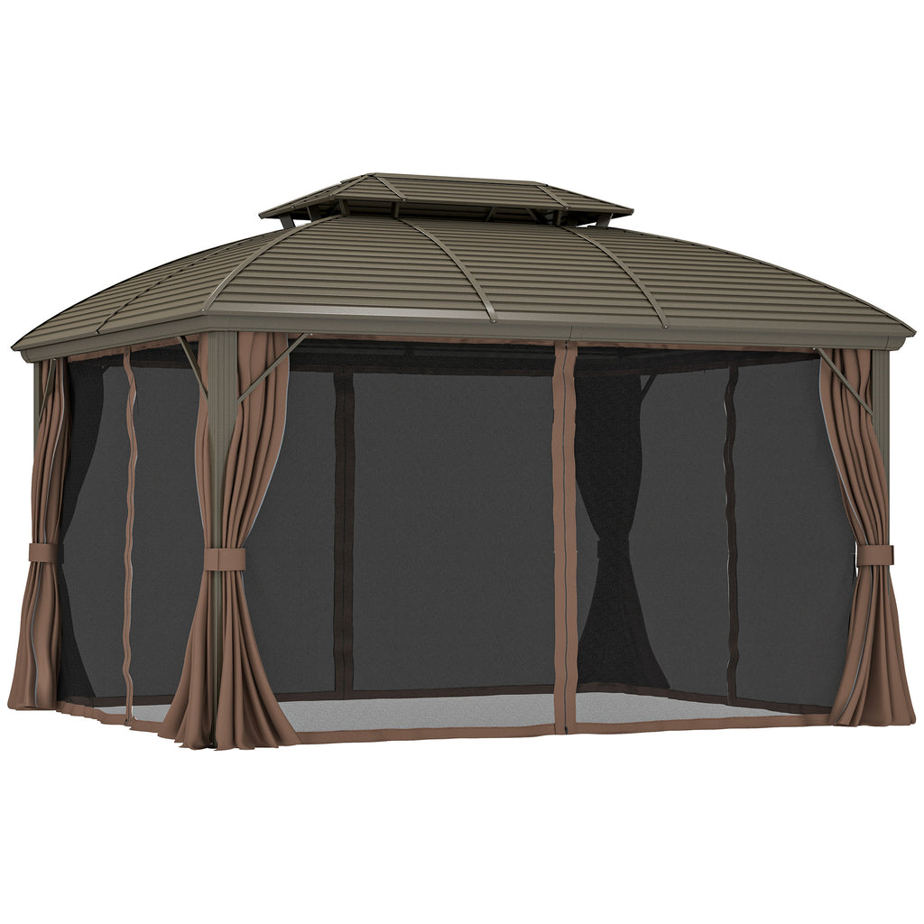DodiOnline 3.65 x 3(m) Hardtop Steel Gazebo Canopy with Aluminium Frame, Double Roof, Net Sidewalls and Curtains, Coffee