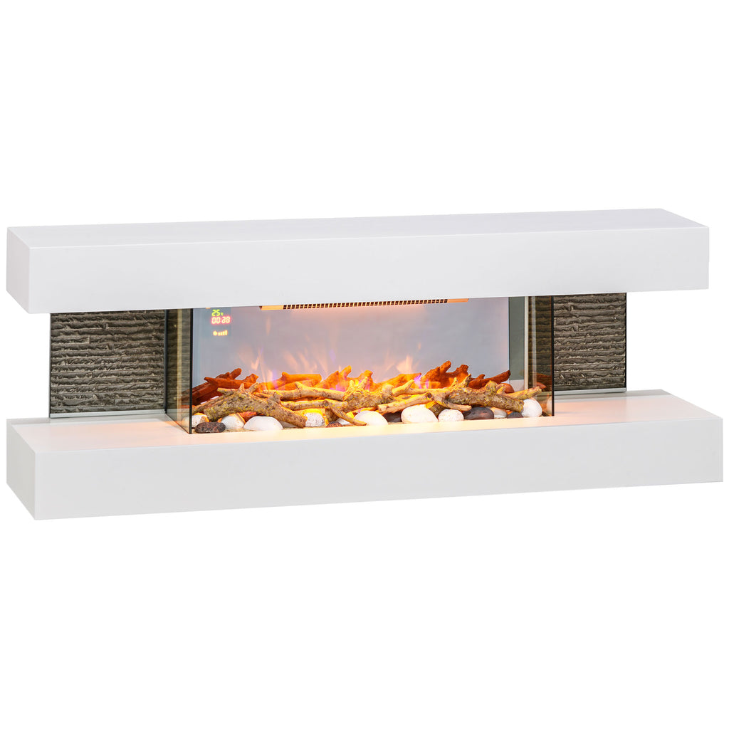 DodiOnline 47inch / 120cm Electric Fireplace Wall Mounted, Freestanding, Glass Electric Fire Suite with Mantel, Adjustable LED Flame Effect, Log, Pebble, Remote Control, 2000W, White