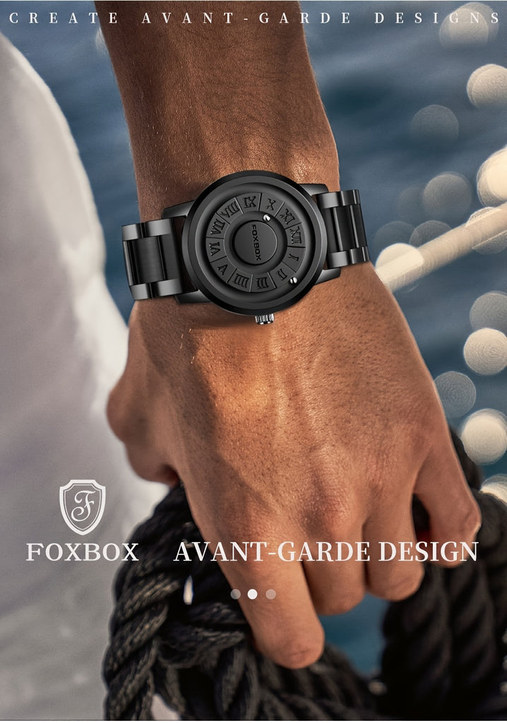 FOXBOX Fashionable Men's Watch, Cool Dial Display Design Waterproof Rotating Magnetic Bead Watch, Family Party Gift, Black And Grey Leather Belt