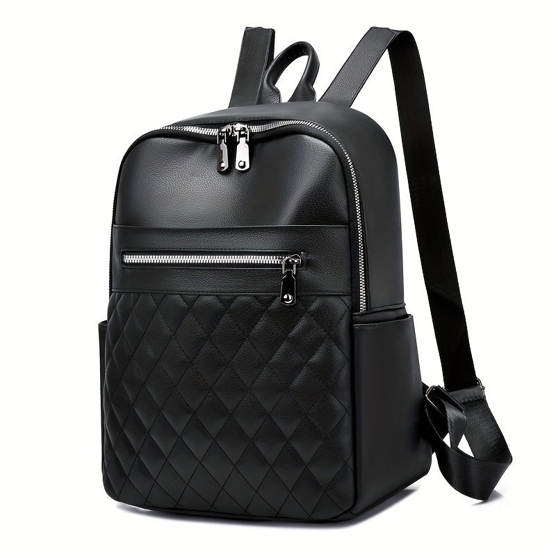 Fashion Argyle Quilted Backpack, Minimalist PU Leather Daypack, Casual Schoolbag For Travel Work