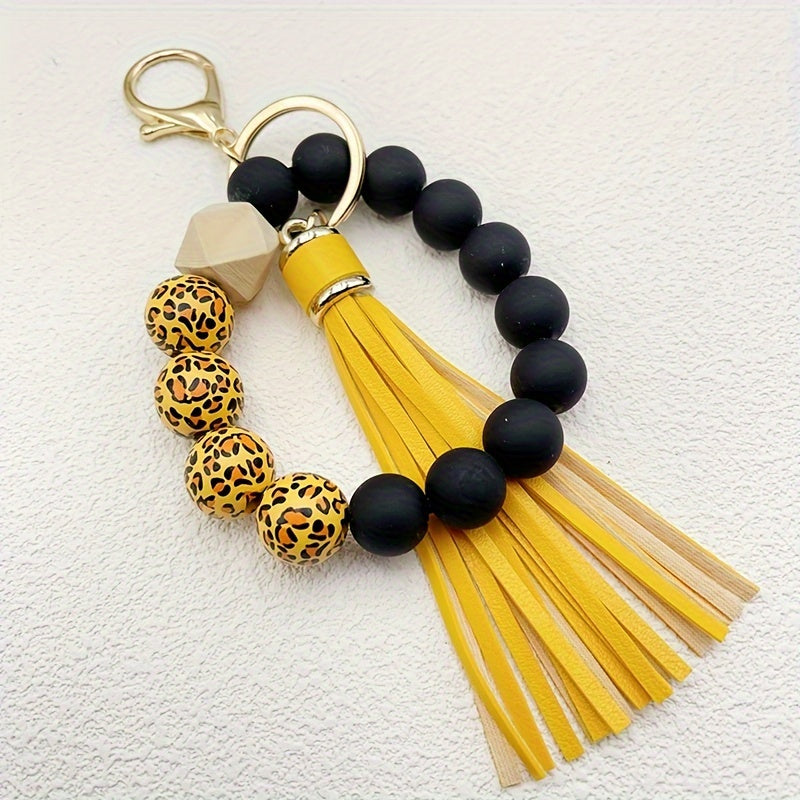 1pc Stylish Leopard Pattern Silicone Wooden Beaded Wristlet Keychain - Fashionable PU Leather Tassel Bag Charm, Phone Lanyard, Bangle Keychain for Women's Daily Use - Perfect Gift for Friends and Family