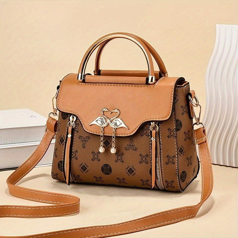 Trendy Printed Handbag For Women, Mini PU Leather Crossbody Bag, Retro Top Handle Flap Purse