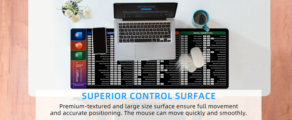 EXCOVIP Rubber Mouse Pad, Oblong Shape, Non-Slip Desk Mat for Office, Home, Student Study, Keyboard Shortcut Design, Ideal for Office Word Excel PPT, Durable and Easy to Clean