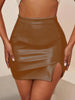 Faux Leather Split Bodycon Skirt, Casual High Waist Solid Mini Skirt, Women's Clothing