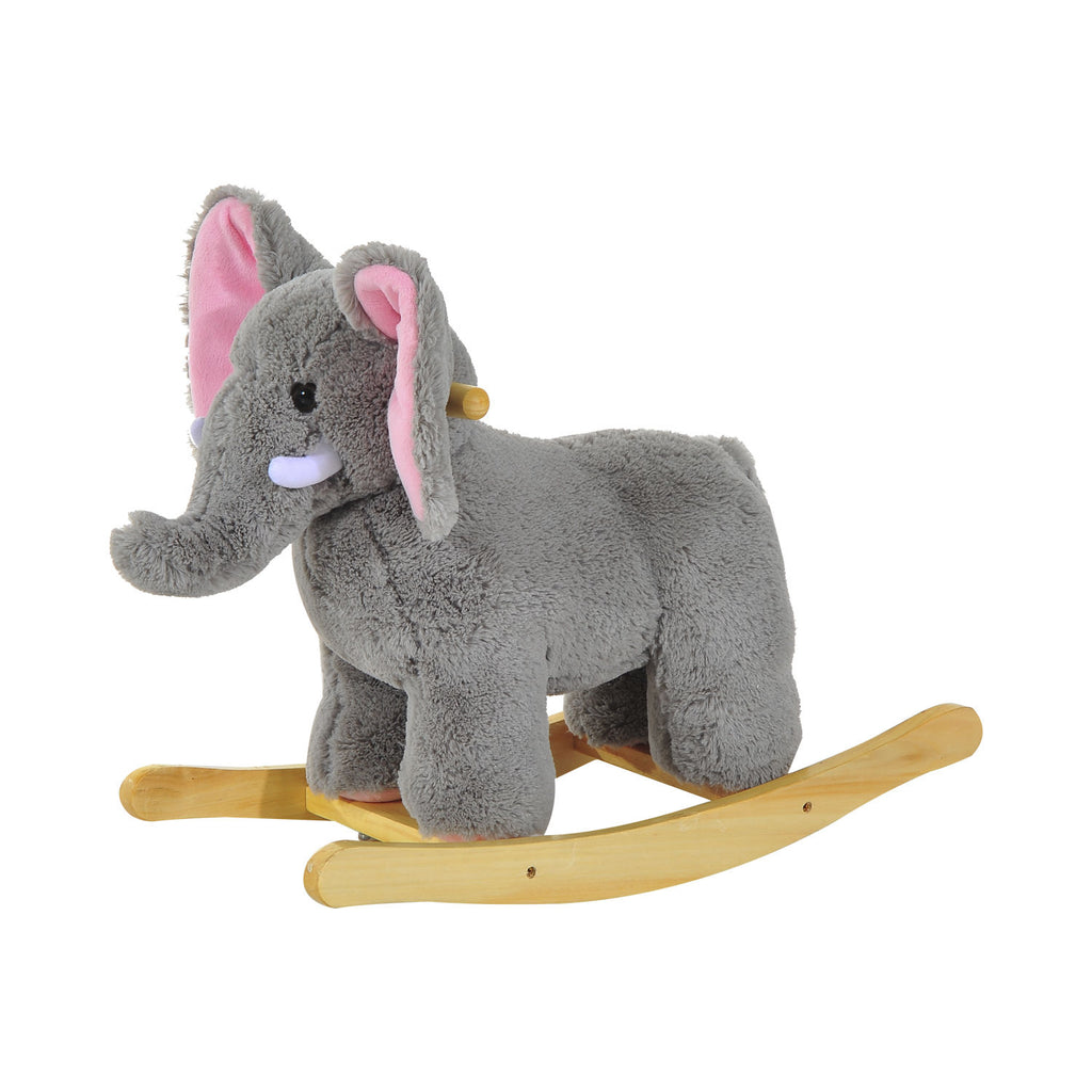 DodiOnline Kids Children Rocking Horse Plush Ride on Animal Wooden Riding Traditional Rocker Gift w/32 nursery rhymes (Grey Elephant)