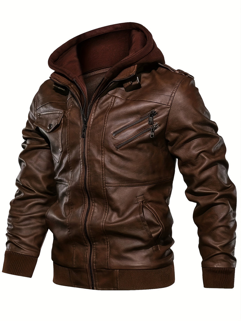 Men's Casual Hooded PU Leather Jacket, Chic Multi Pocket Biker Soft-shell Jacket