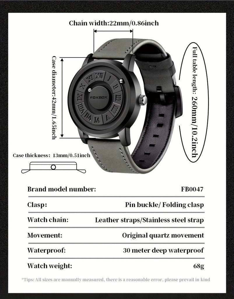 FOXBOX Men's Quartz Watch – Magnetic Dial | Digital Display | PU Leather Band | 30M Water-Resistant
