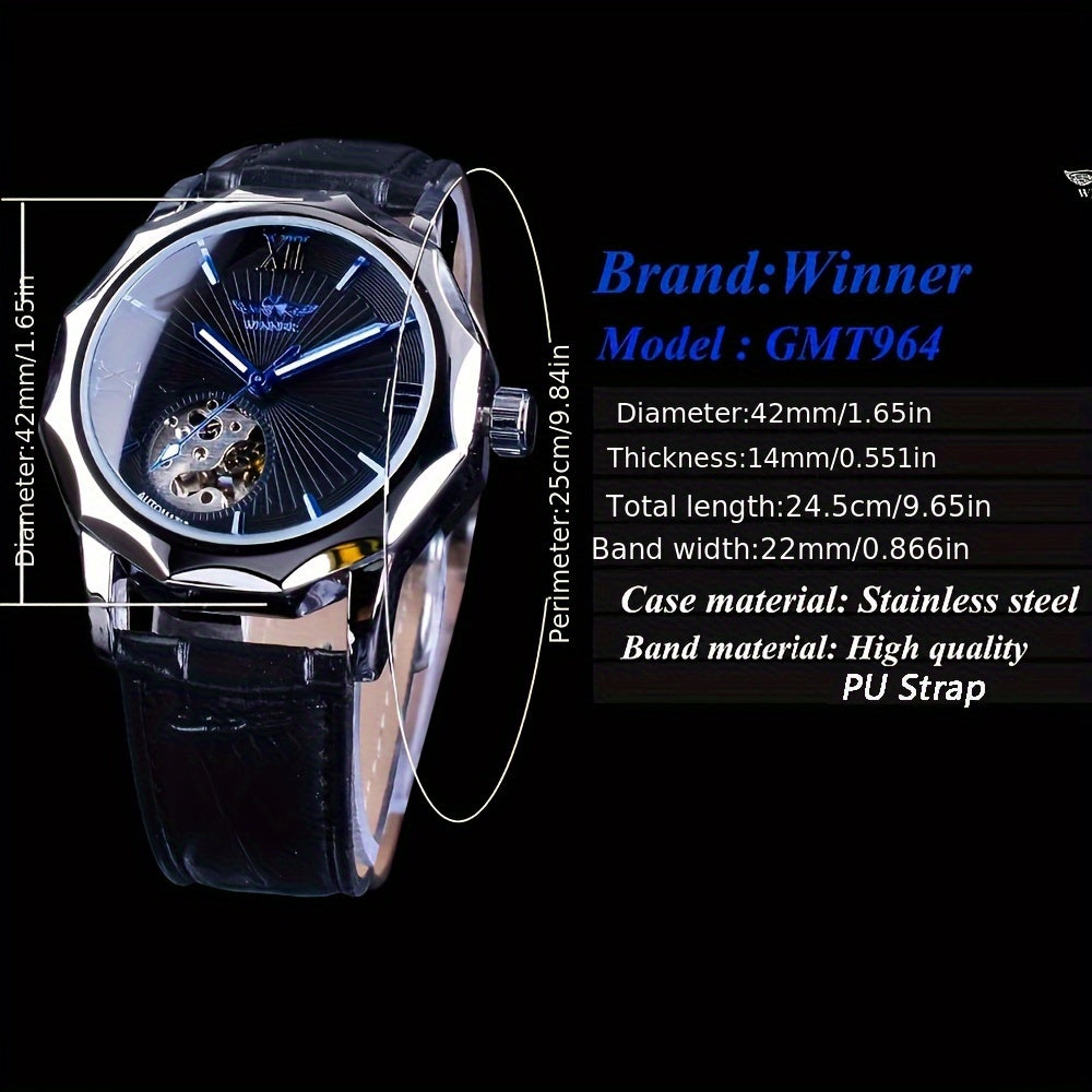 T-WINNER Men's Luxury Automatic Mechanical Watch - Blue Ocean Geometric Design, Transparent Skeleton Dial, Stainless Steel Case & Faux Leather Strap