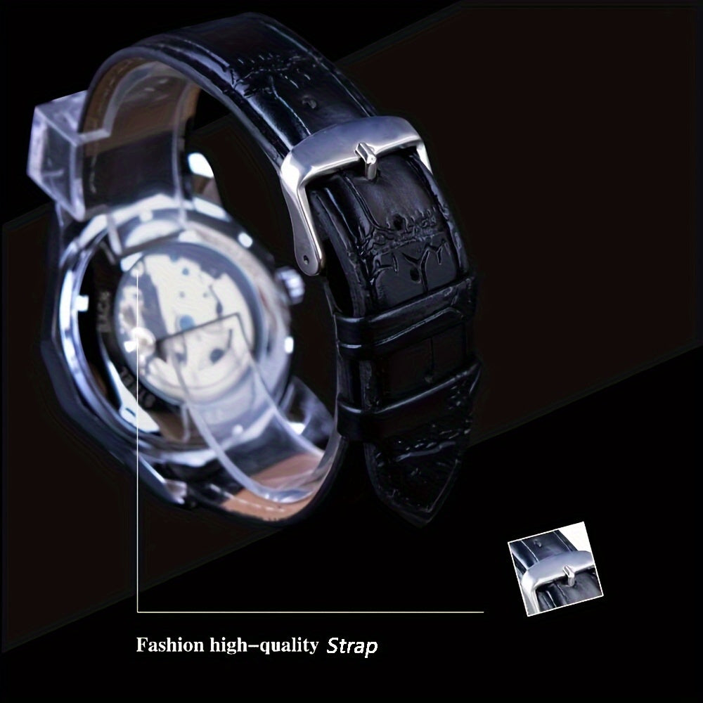 T-WINNER Men's Luxury Automatic Mechanical Watch - Blue Ocean Geometric Design, Transparent Skeleton Dial, Stainless Steel Case & Faux Leather Strap