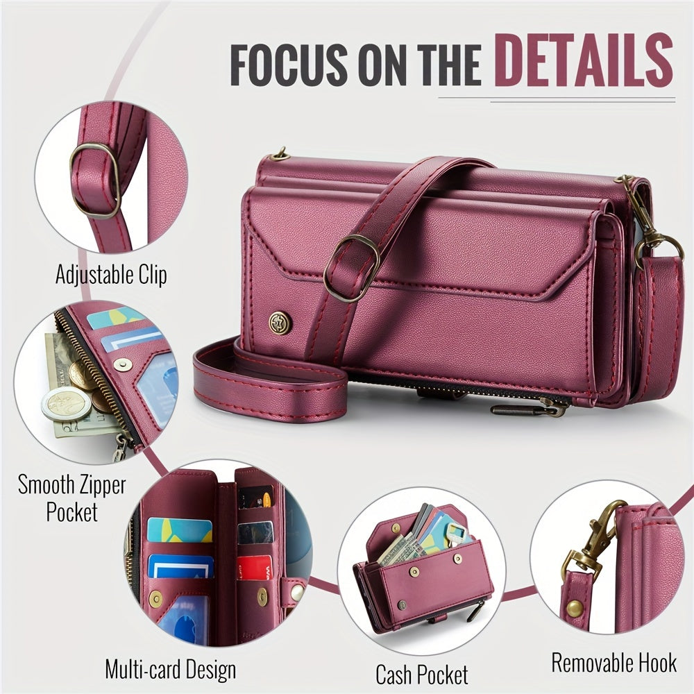 Extended Lanyard Faux Leather Phone Case for Iphone 15, 14, 13, 12, 11 Pro Max, Mini, XR, XS, 8, 7 Plus, And SE 2022 with Zipper Wallet And Card Holder