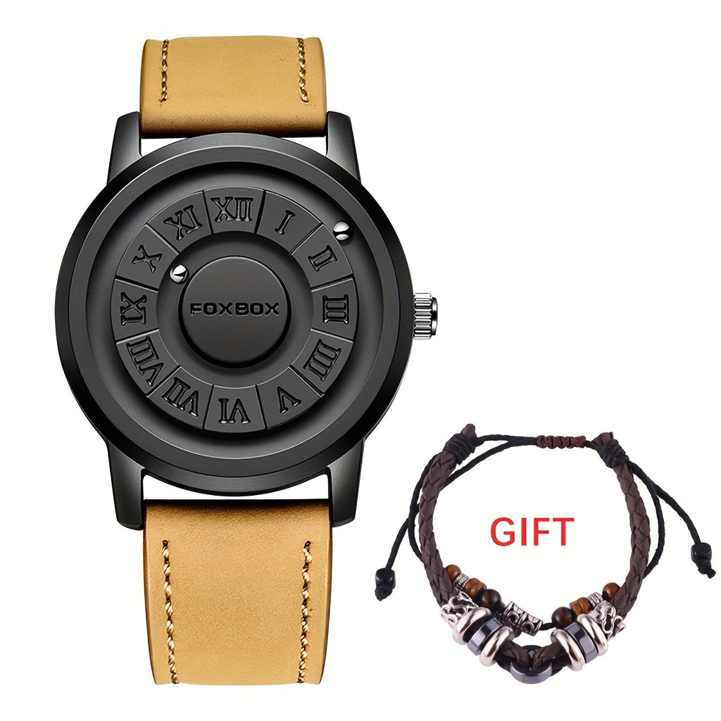 FOXBOX Fashionable Men's Watch, Cool Dial Display Design Waterproof Rotating Magnetic Bead Watch, Family Party Gift, Black And Grey Leather Belt