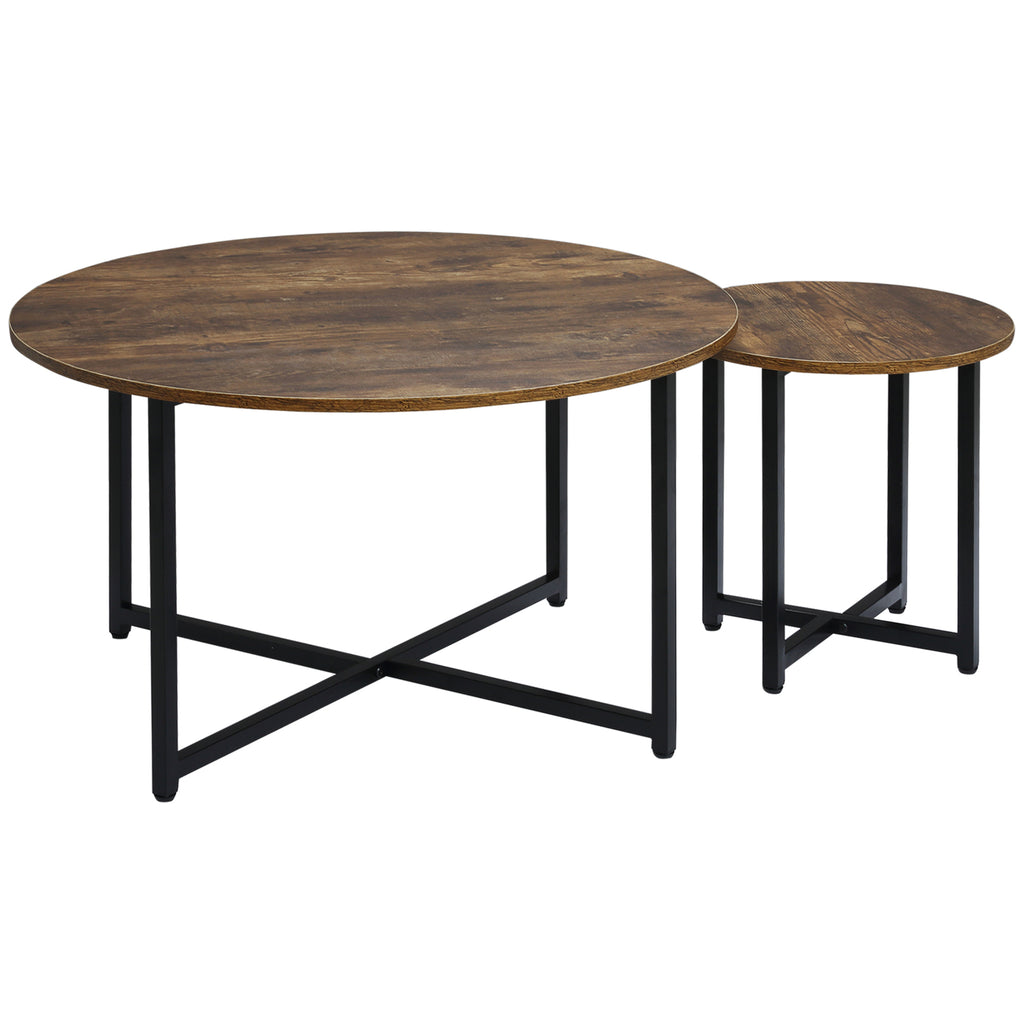 DodiOnline Round Coffee Table, Set of 2 Side Table with Metal Frame, Industrial End Table for Living Room Bedroom, Rustic Brown