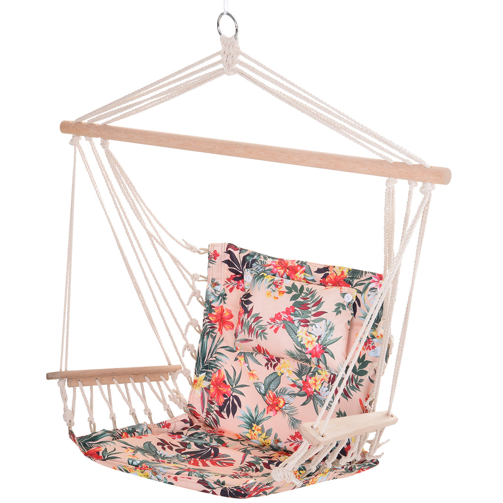 DodiOnline Garden Outdoor Hanging Hammock Chair Thick Rope Frame Wooden Arms Safe Wide Seat Garden Outdoor Spot Stylish Multicoloured floral