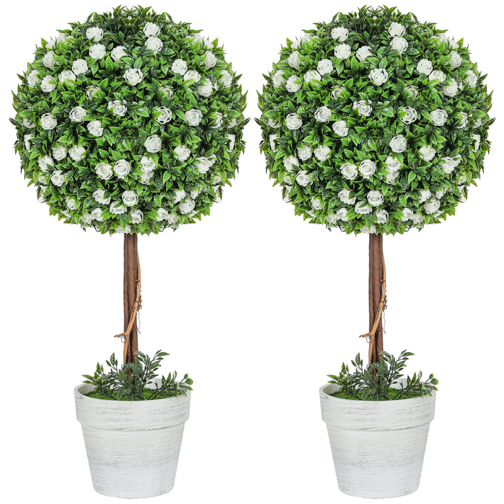 DodiOnline Set of 2 Decorative Artificial Plants, Ball Topiary Tree with Rose Flower in Pot, Fake Plants for Home Indoor Outdoor Decor, 60cm, White