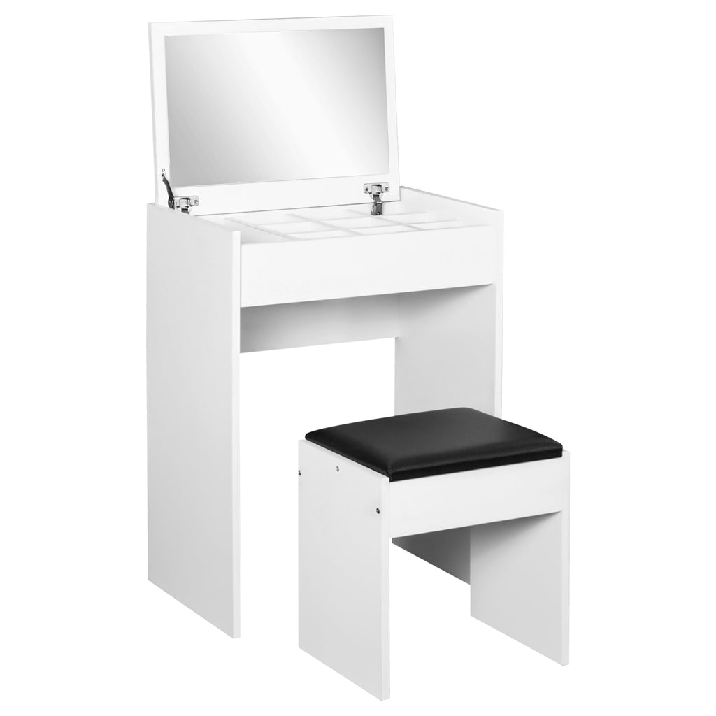 DodiOnline Dressing Table with Mirror and Stool, Vanity Makeup Table with Flip Up Mirror, Vanity Desk with Storage Unit and Padded Seat, White