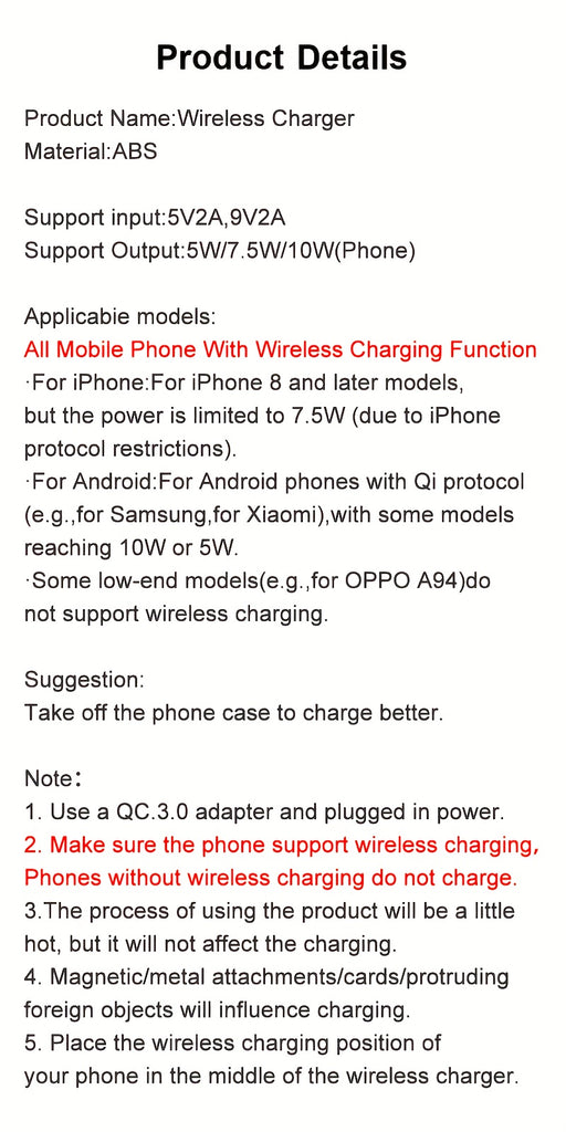 10W Fast Wireless Charger, Compatible with iPhone 16/15/14/13/12/11/8 Series, S23/S22/S21/S20/S10/S9/S8/S7/S6 Series, Note 10/9/8/5 Series, Slim Design for Bedside & Office Desk, Free Cable Included